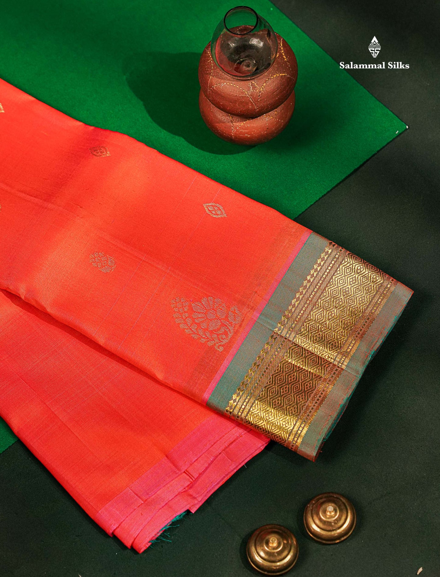 Beautiful Orange Pure Kanjivaram Silk Saree With Contrast Light Green Traditional One Side Border