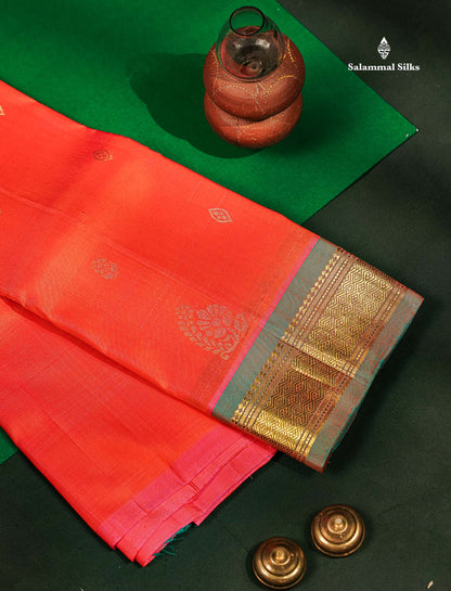 Beautiful Orange Pure Kanjivaram Silk Saree With Contrast Light Green Traditional One Side Border