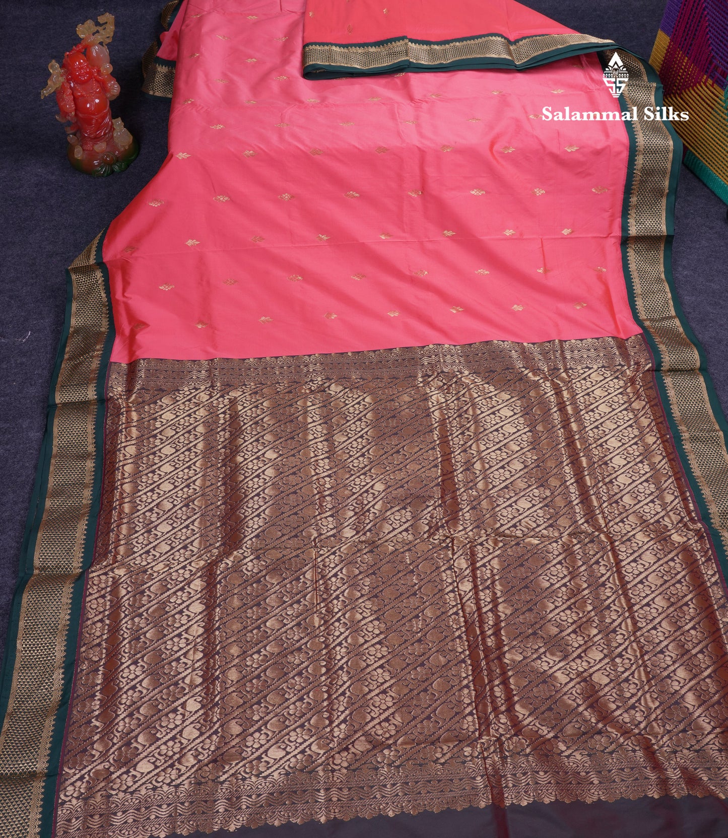 11 Yards Semi Silk Saree Dark Peach with Contrast Bottle Green Traditional Border