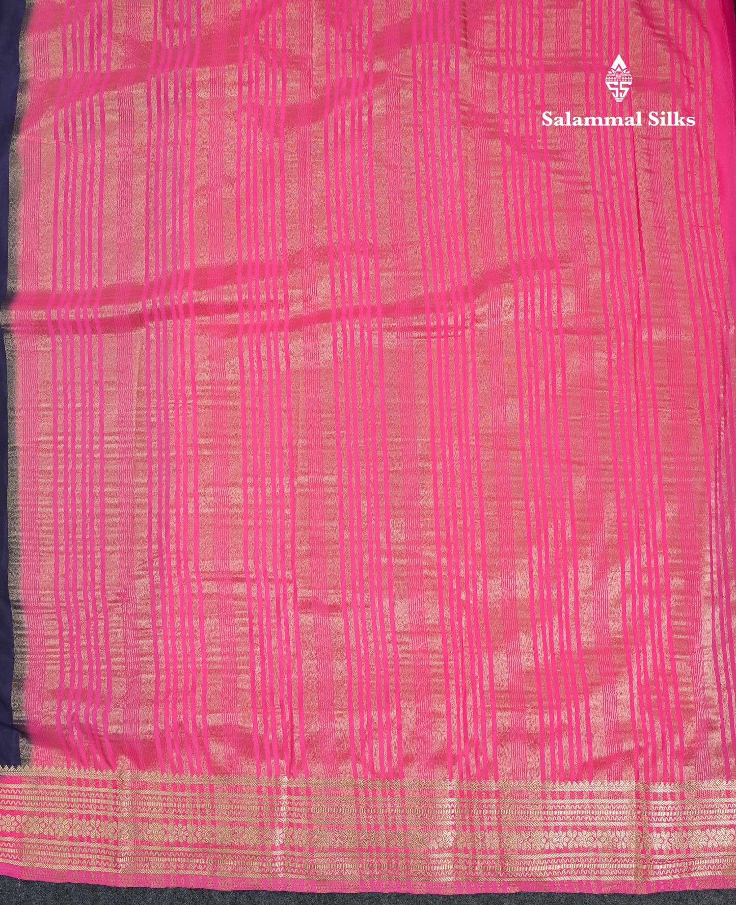 Beautiful Navy Blue Plain Semi Mysore Silk Saree With Contrast Pink Traditional Border