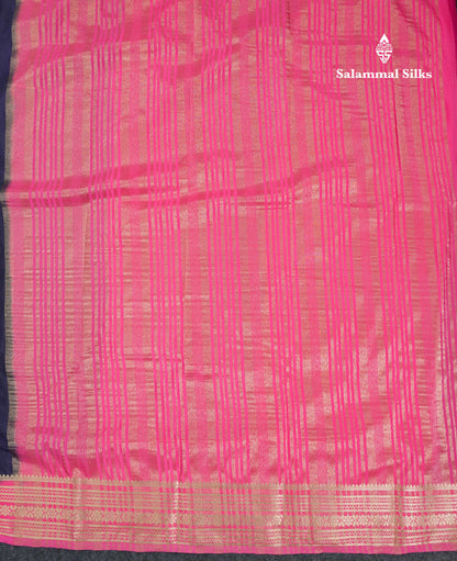 Beautiful Navy Blue Plain Semi Mysore Silk Saree With Contrast Pink Traditional Border