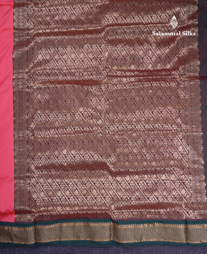 11 Yards Semi Silk Saree Dark Peach with Contrast Bottle Green Traditional Border
