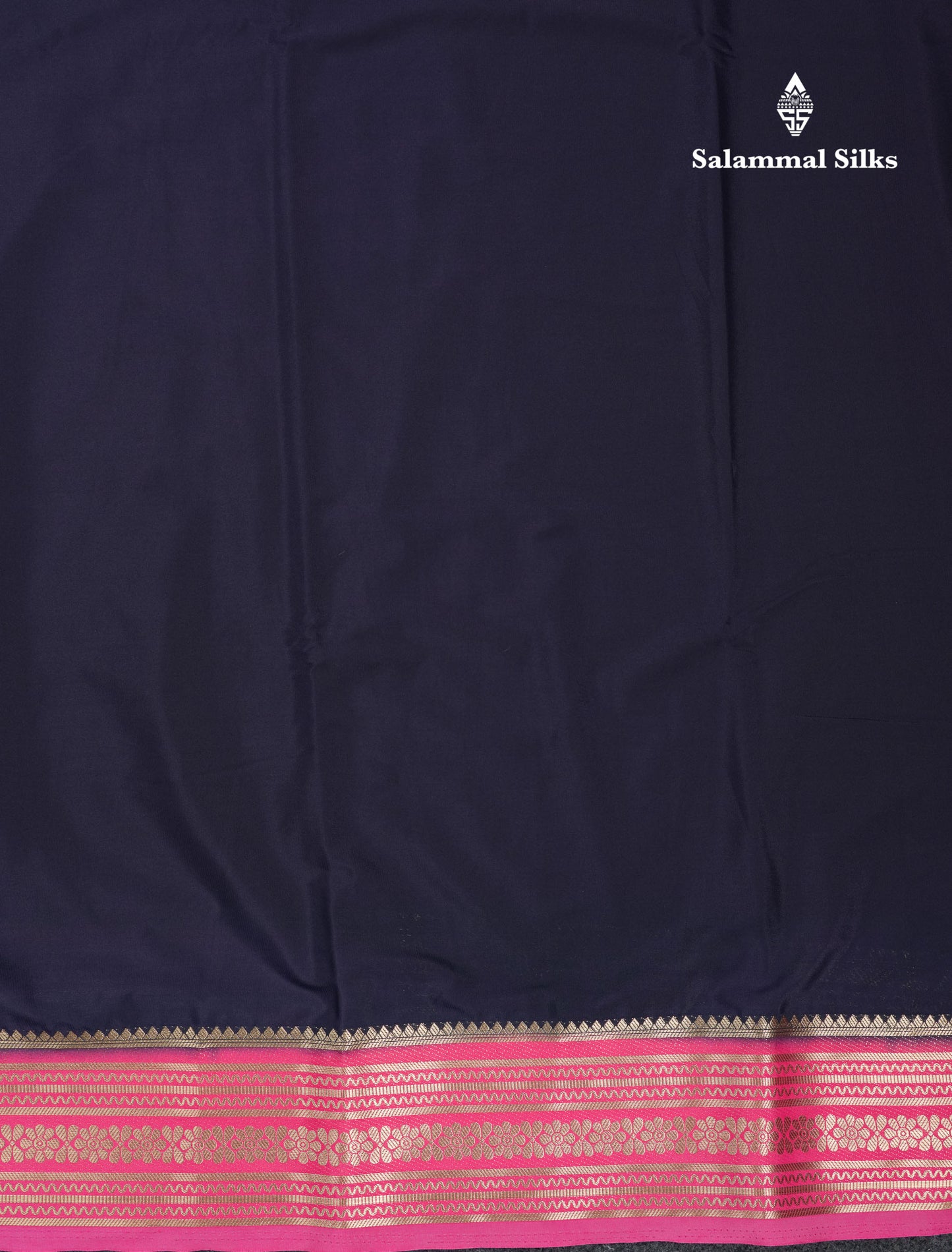 Beautiful Navy Blue Plain Semi Mysore Silk Saree With Contrast Pink Traditional Border