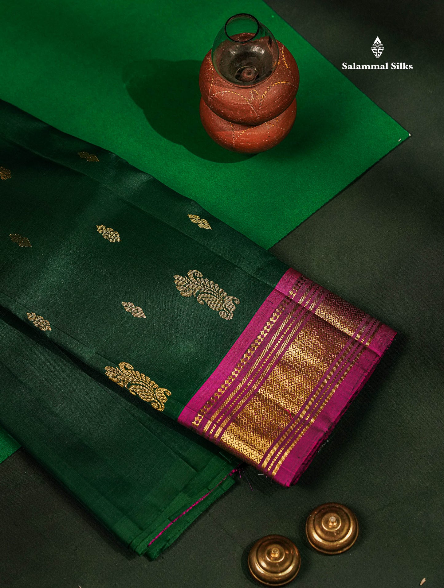 One Side Border Pure Silk Saree - Bottle Green Zari Butta With Contrast Magenta Traditional Border