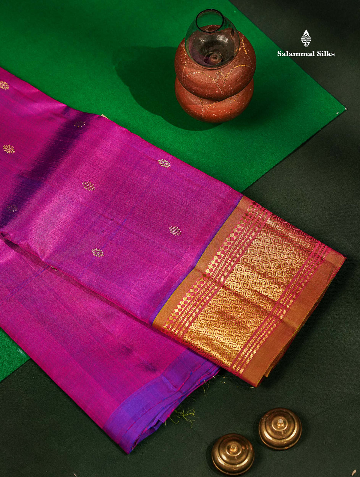 One Side Border Pure Silk Saree - Magenta Pink Zari Butta With Contrast Mustard Yellow Traditional Border