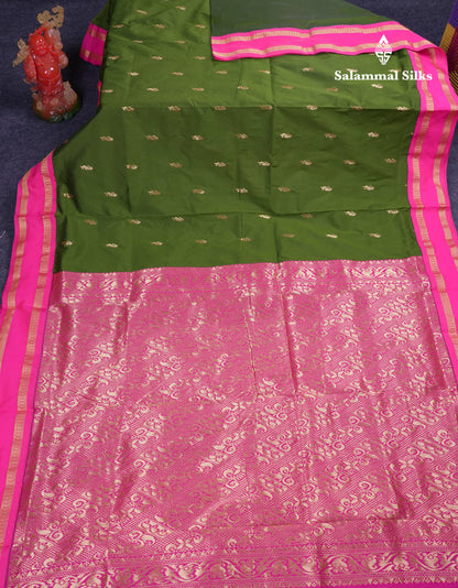 9.5 Yards Semi Silk Saree Army Green with Contrast Pink Traditional Rettapet Border
