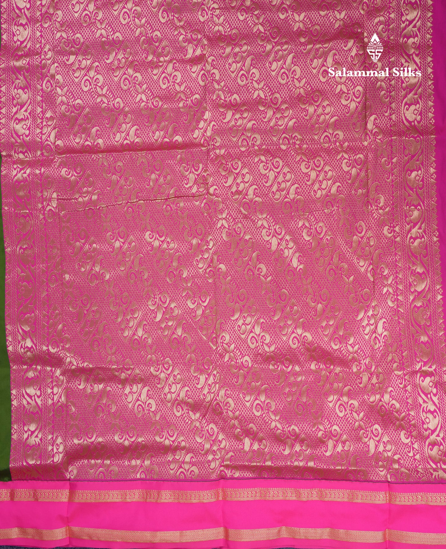9.5 Yards Semi Silk Saree Army Green with Contrast Pink Traditional Rettapet Border