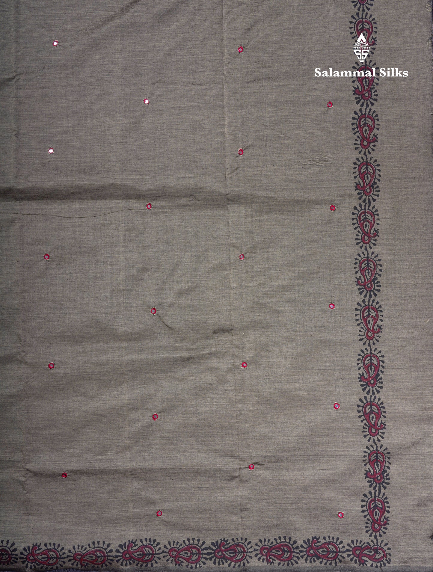 Beautiful Grey White Mirror Work South Cotton Printed Saree With Contrast Maroon Blouse