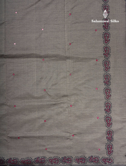 Beautiful Grey White Mirror Work South Cotton Printed Saree With Contrast Maroon Blouse