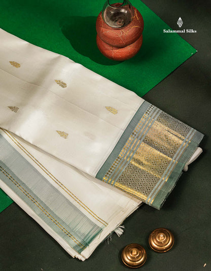 Beautiful White Pure Kanjivaram Silk Saree With Contrast Light Green Traditional One Side Border