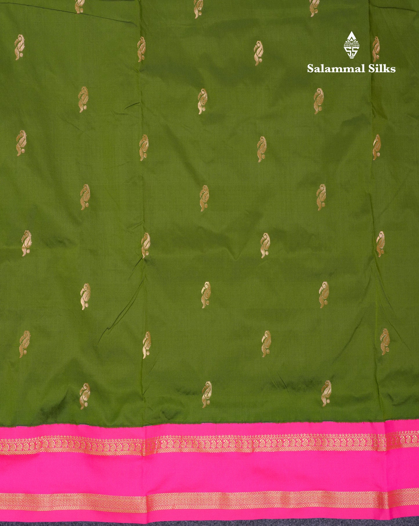 9.5 Yards Semi Silk Saree Army Green with Contrast Pink Traditional Rettapet Border