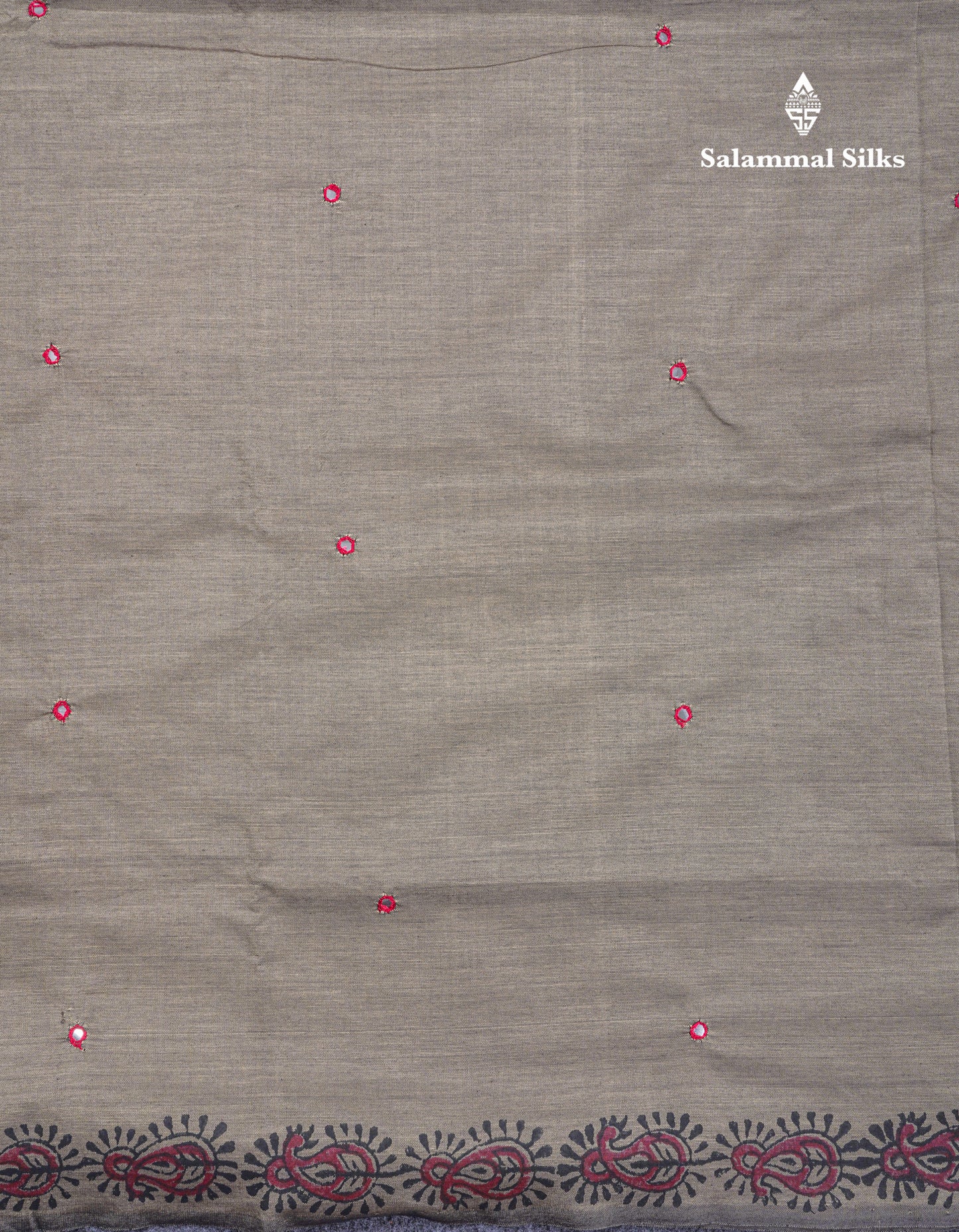 Beautiful Grey White Mirror Work South Cotton Printed Saree With Contrast Maroon Blouse
