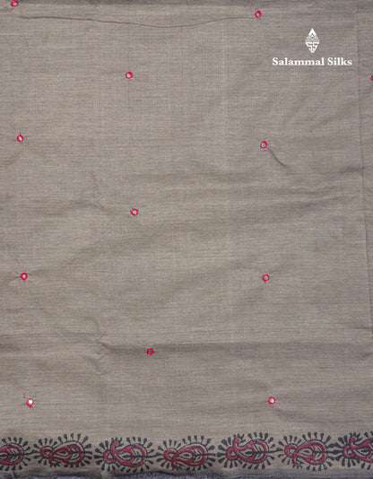 Beautiful Grey White Mirror Work South Cotton Printed Saree With Contrast Maroon Blouse