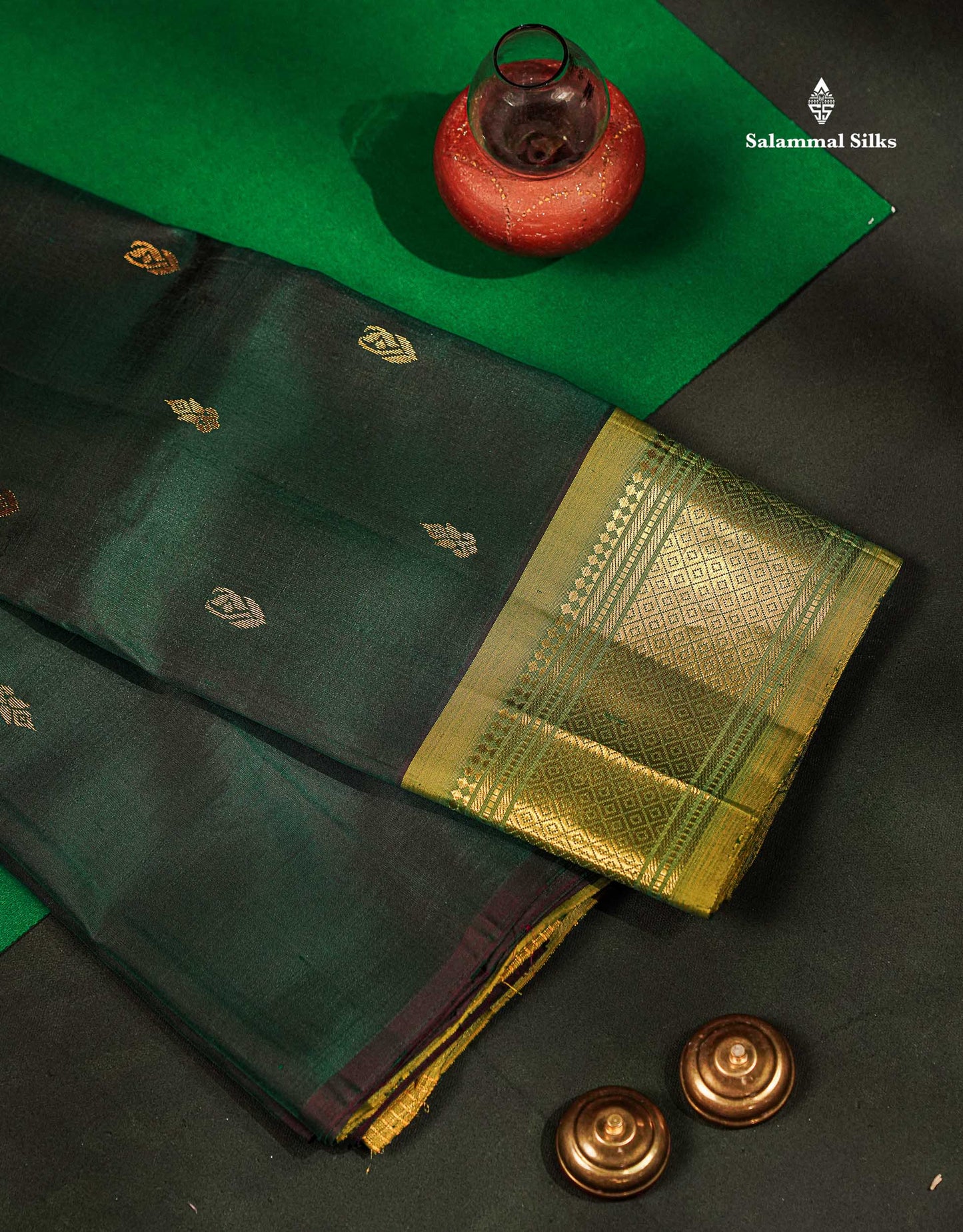 One Side Border Pure Silk Saree - Dual Tone Bottle Green Zari Butta With Contrast Manthulir Yellow Traditional Border