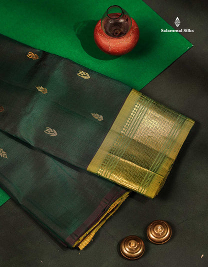 One Side Border Pure Silk Saree - Dual Tone Bottle Green Zari Butta With Contrast Manthulir Yellow Traditional Border