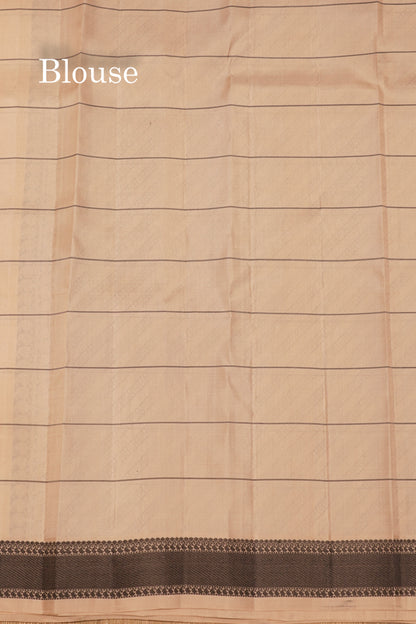 Zari less Cream Colour Checks Pure Kanjivaram Silk Saree With Black Border (No Zari)