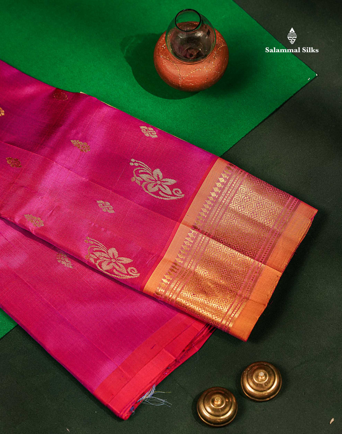 One Side Border Pure Silk Saree - Dual Tone Pink Zari Butta With Contrast Mustard Yellow Traditional Border