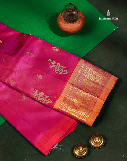 One Side Border Pure Silk Saree - Dual Tone Pink Zari Butta With Contrast Mustard Yellow Traditional Border