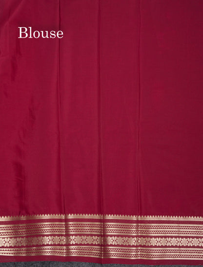 Beautiful Navy Blue Plain Semi Mysore Silk Saree With Contrast Pink Traditional Border
