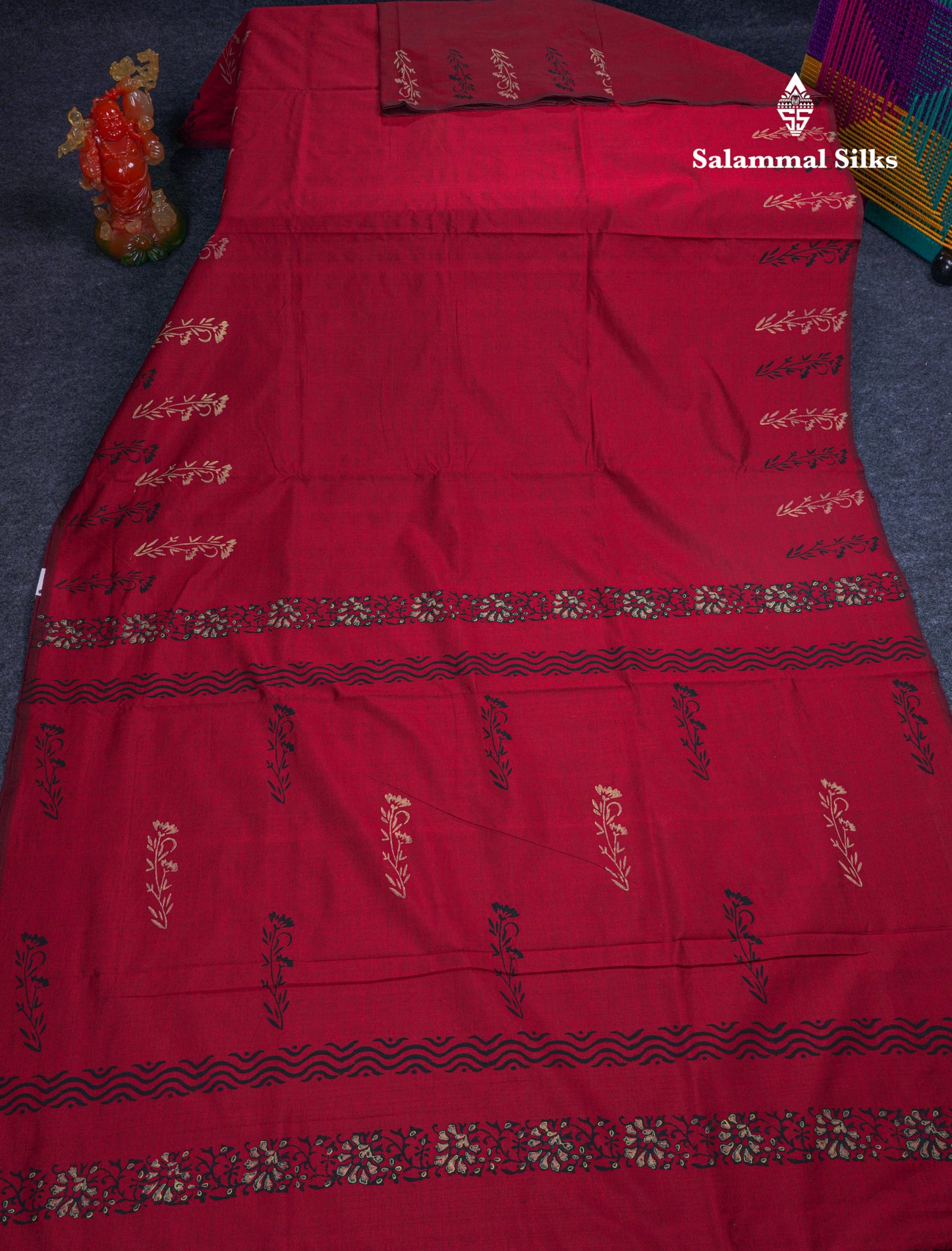 Beautiful Dark Maroon South Cotton Printed Saree With Contrast Sandal Blouse