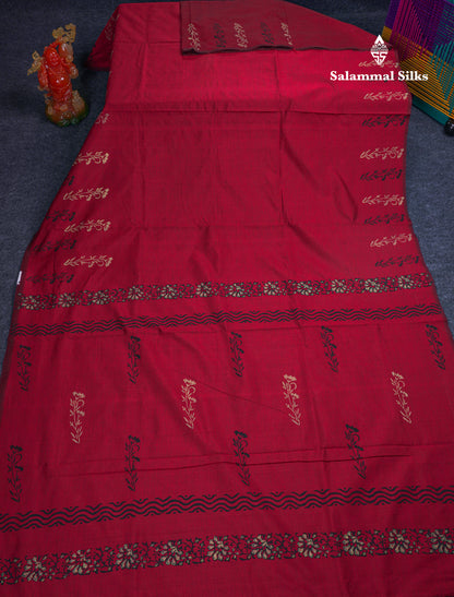 Beautiful Dark Maroon South Cotton Printed Saree With Contrast Sandal Blouse