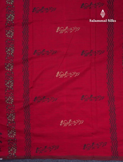 Beautiful Dark Maroon South Cotton Printed Saree With Contrast Sandal Blouse