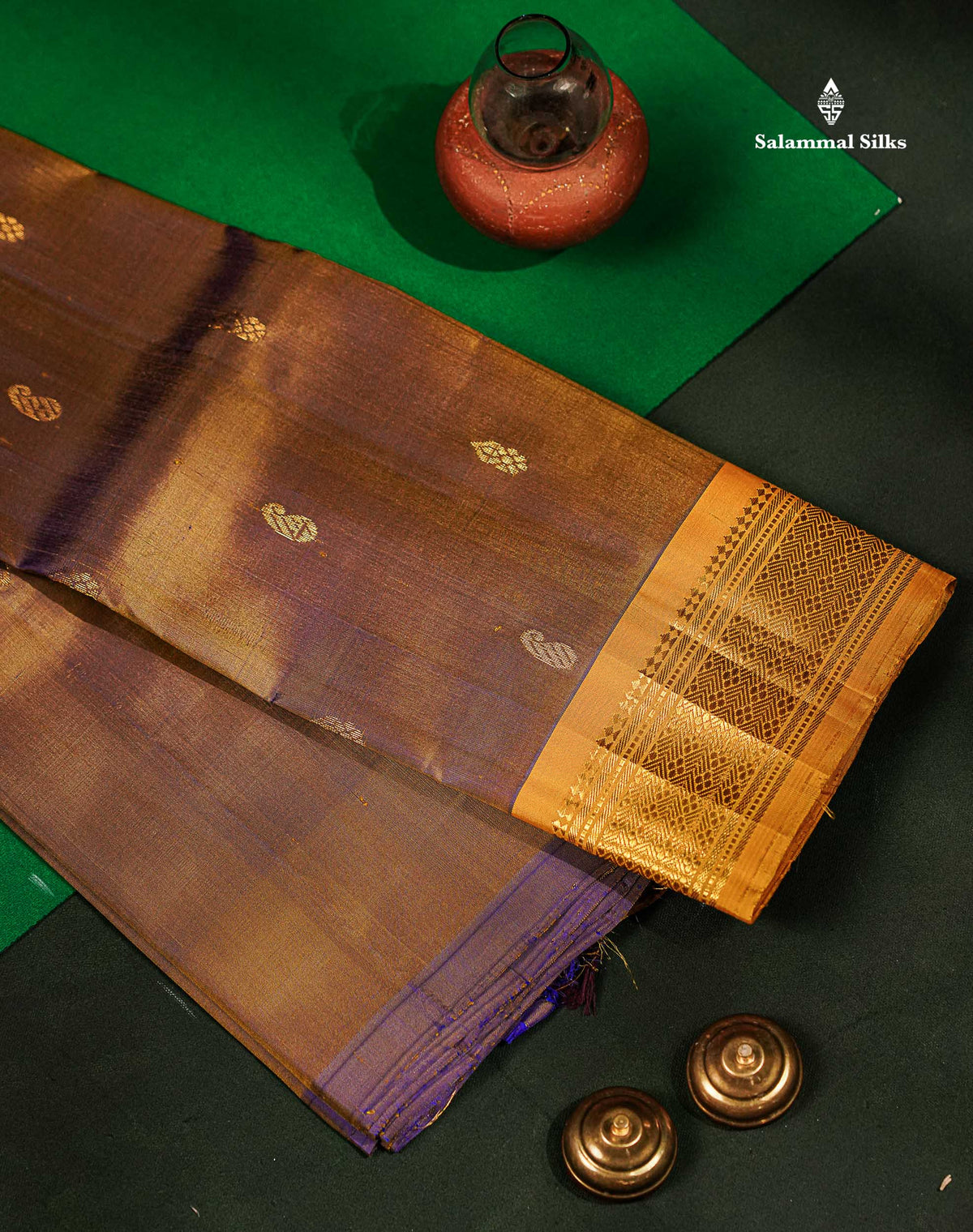 One Side Border Pure Silk Saree - Light Chocolate Brown With Contrast Yellow Traditional Border