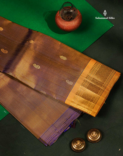 One Side Border Pure Silk Saree - Light Chocolate Brown With Contrast Yellow Traditional Border
