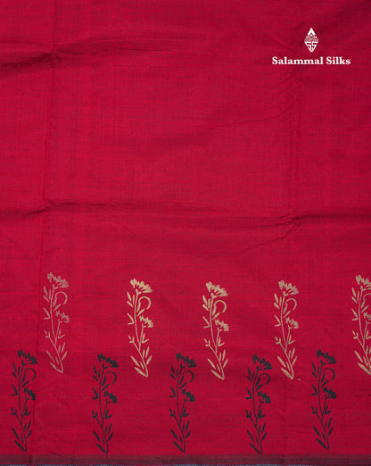 Beautiful Dark Maroon South Cotton Printed Saree With Contrast Sandal Blouse
