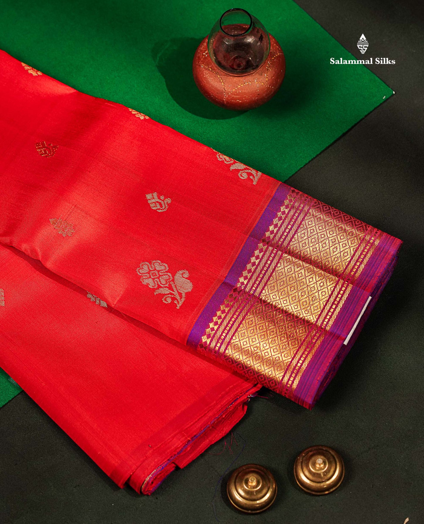 One Side Border Pure Silk Saree - Dual Tone Orange Zari Butta With Contrast Purple Traditional Border