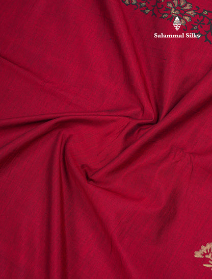 Beautiful Dark Maroon South Cotton Printed Saree With Contrast Sandal Blouse