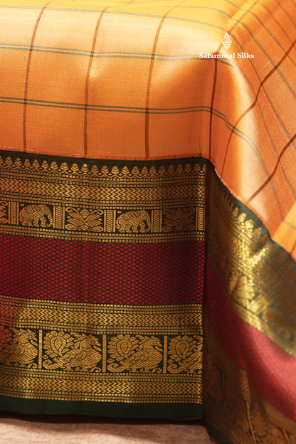 Peach Colour Checks Pure Kanjivaram Silk Saree With Traditional Double Border
