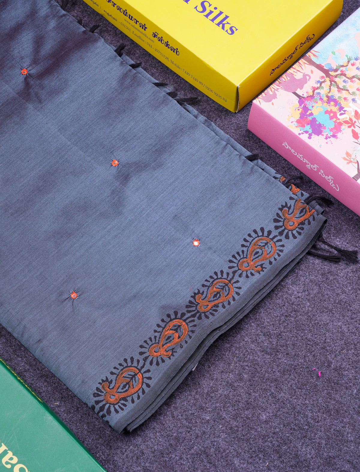 Beautiful Grey Mirror Work South Cotton Printed Saree With Contrast Orange Blouse