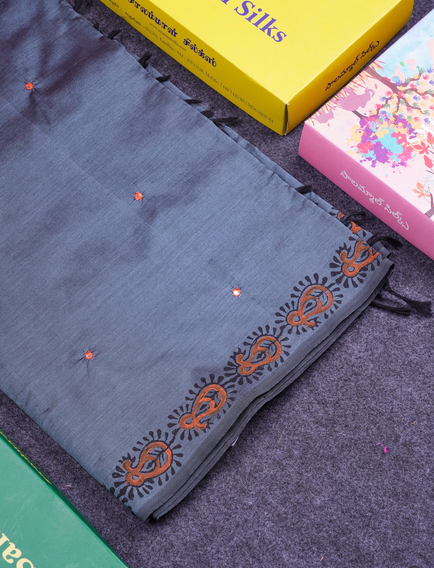 Beautiful Grey Mirror Work South Cotton Printed Saree With Contrast Orange Blouse
