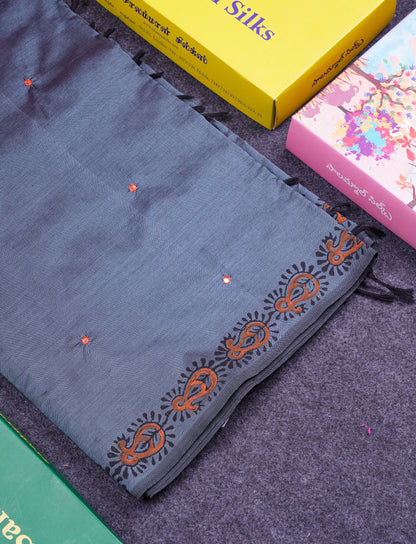 Beautiful Grey Mirror Work South Cotton Printed Saree With Contrast Orange Blouse