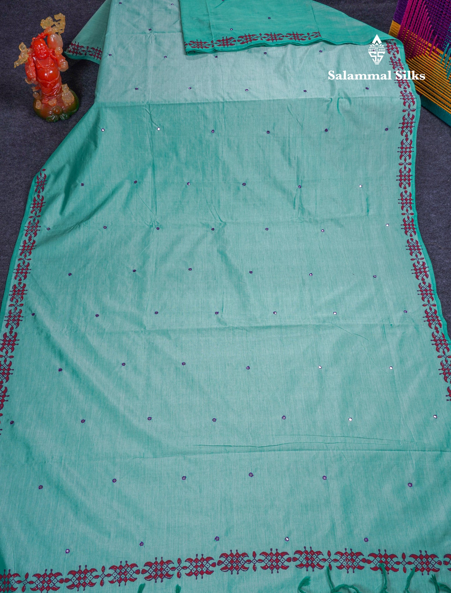 Beautiful Peacock Green Mirror Work South Cotton Printed Saree With Contrast Orange Blouse