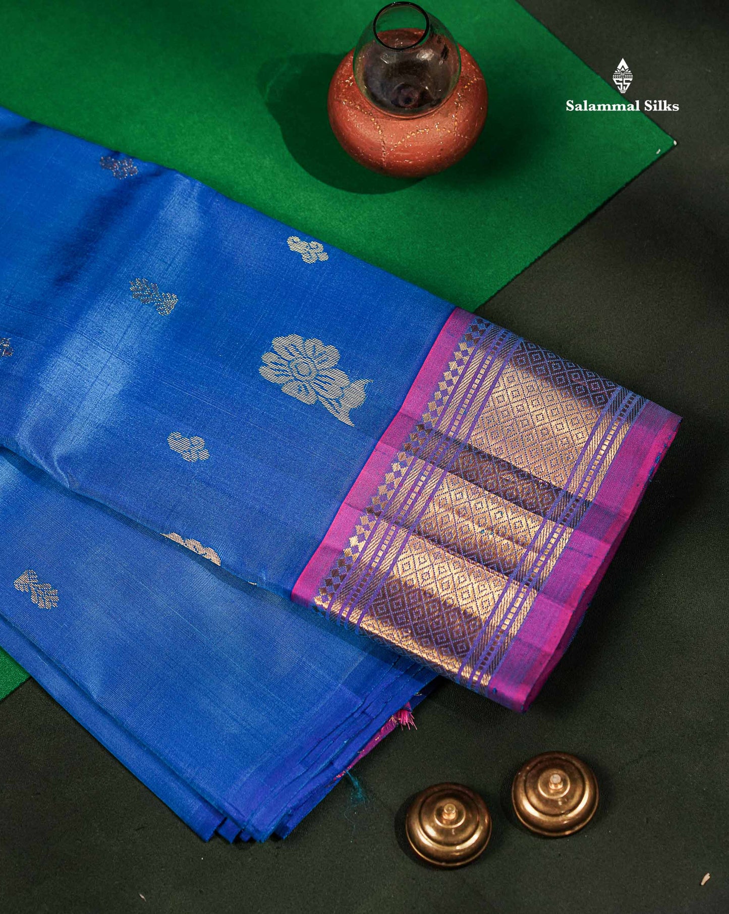 Beautiful Blue Pure Kanjivaram Silk Saree With Contrast Magenta Pink Traditional One Side Border