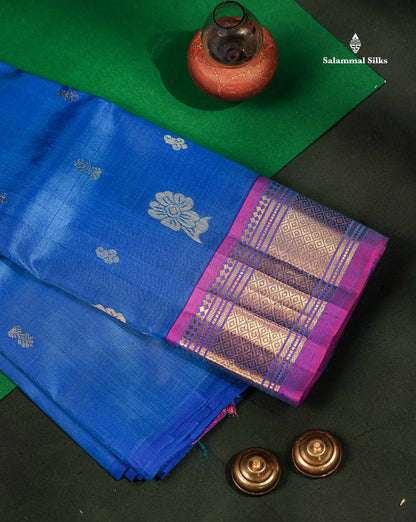 Beautiful Blue Pure Kanjivaram Silk Saree With Contrast Magenta Pink Traditional One Side Border