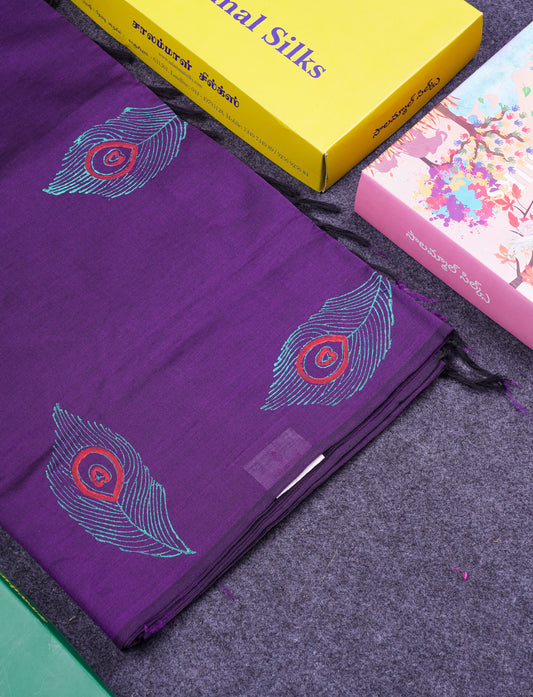 Beautiful Dark Purple South Cotton Printed Saree With Contrast Sapphire Blue Blouse