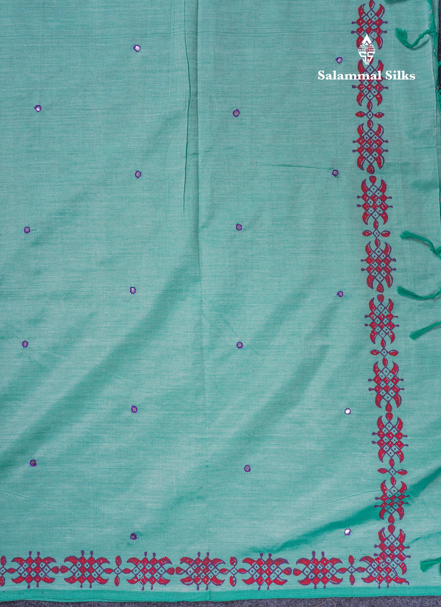 Beautiful Peacock Green Mirror Work South Cotton Printed Saree With Contrast Orange Blouse