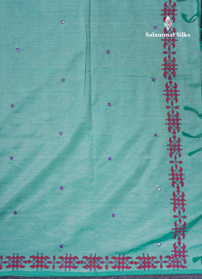 Beautiful Peacock Green Mirror Work South Cotton Printed Saree With Contrast Orange Blouse