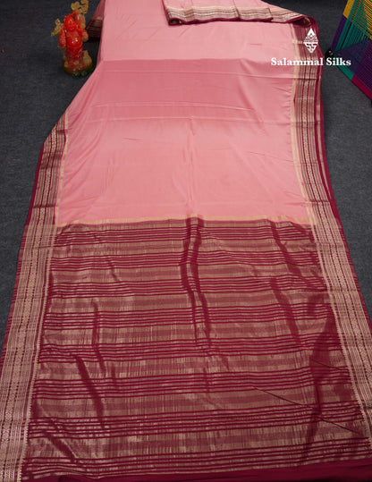 Beautiful Navy Blue Plain Semi Mysore Silk Saree With Contrast Pink Traditional Border