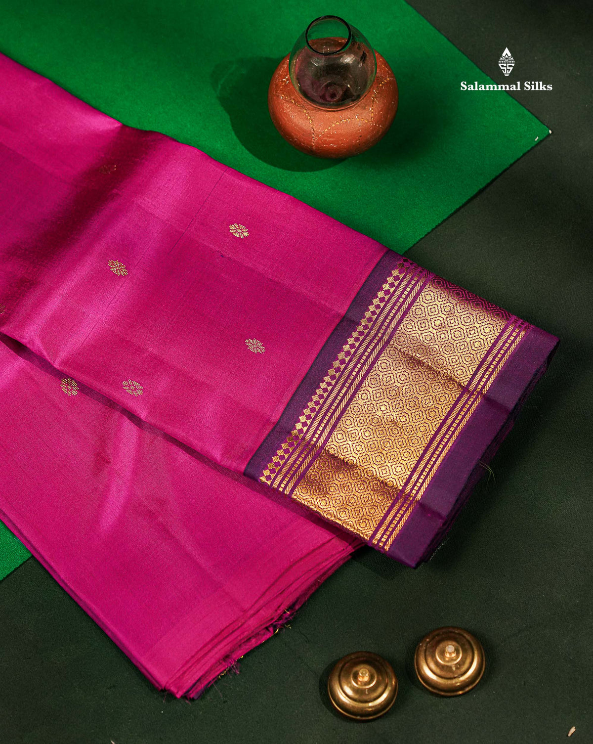 One Side Border Pure Silk Saree - Magenta Pink Zari Butta With Contrast Dark Purple Traditional Border