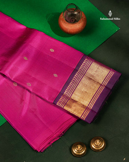 One Side Border Pure Silk Saree - Magenta Pink Zari Butta With Contrast Dark Purple Traditional Border