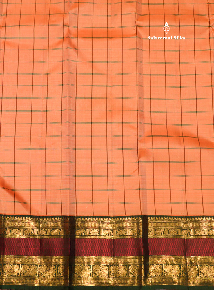 Peach Colour Checks Pure Kanjivaram Silk Saree With Traditional Double Border