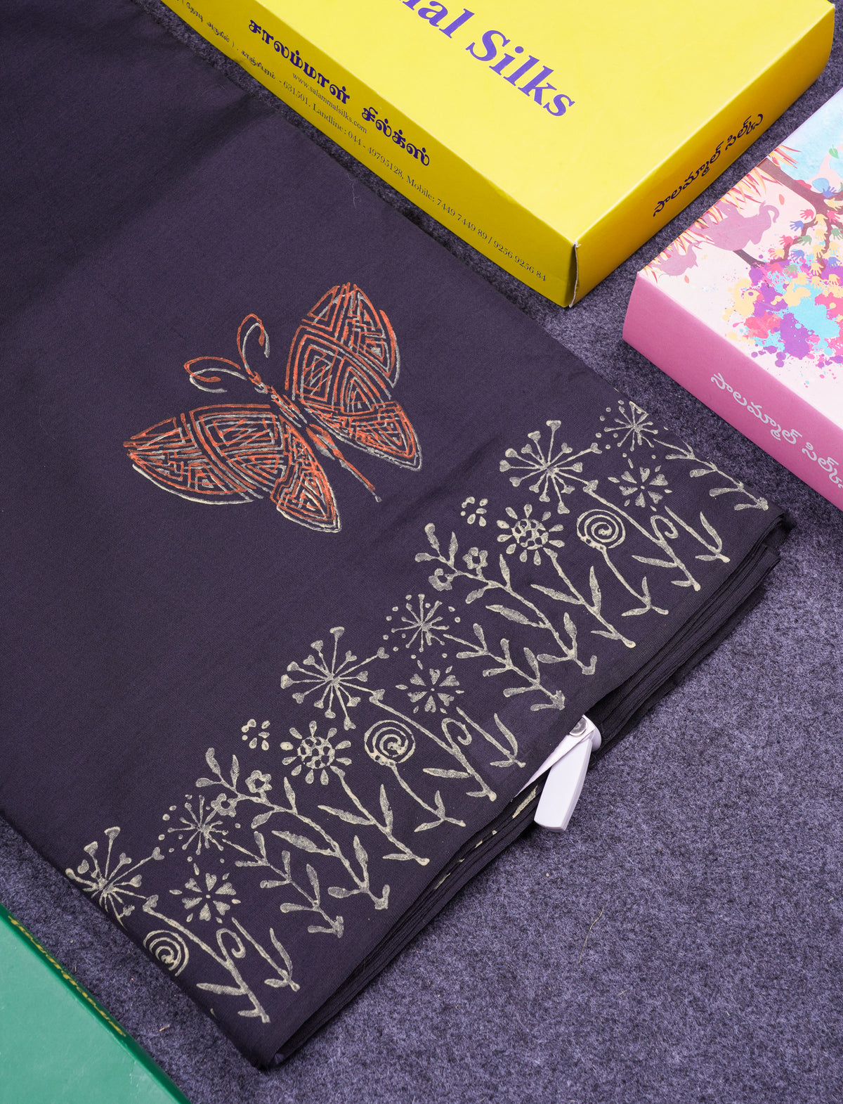 Beautiful Black South Cotton Printed Saree With Contrast Cream Sandal Blouse