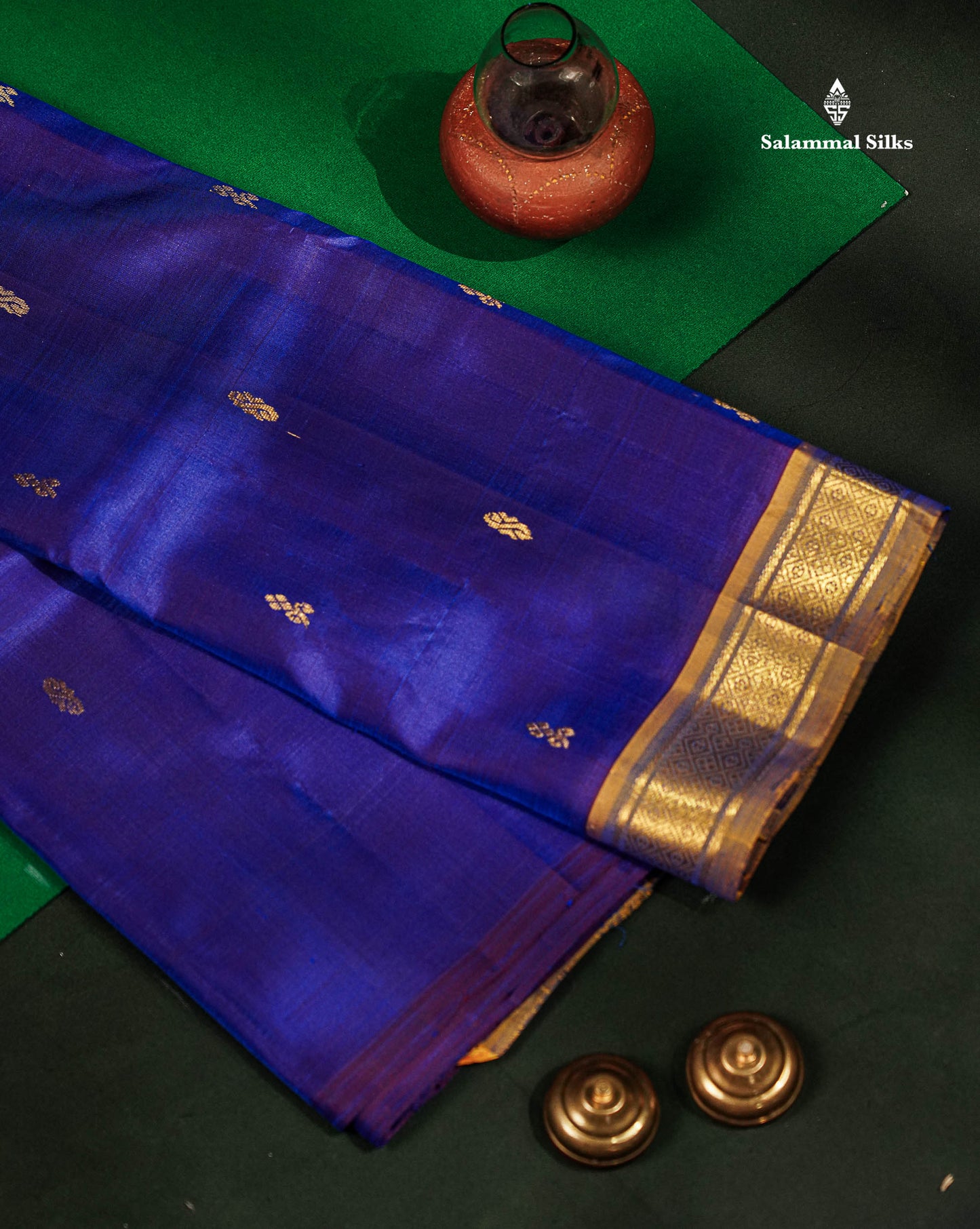 One Side Border Pure Silk Saree - Royal Blue Dual Tone Violet With Contrast Olive Mustard Yellow Small Traditional Border