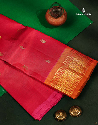 One Side Border Pure Silk Saree - Pink Zari Butta With Contrast Mustard Yellow Traditional Border