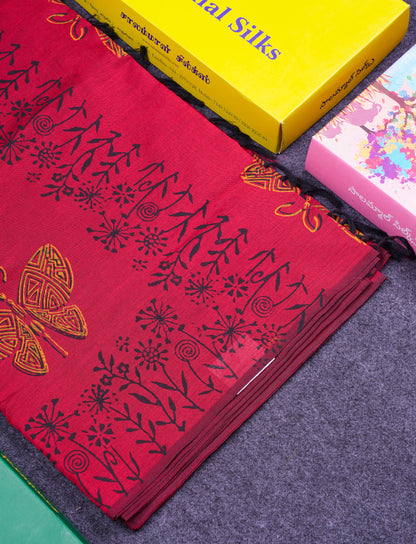 Beautiful Redish Maroon South Cotton Printed Saree With Contrast Mustard Yellow Blouse