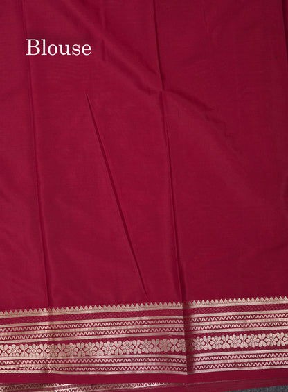 Beautiful Navy Blue Plain Semi Mysore Silk Saree With Contrast Pink Traditional Border